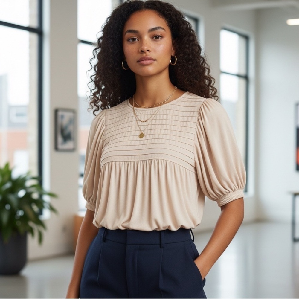 Naked Zebra Women’s Pleated/Ruched Blouse Cream Lightweight Size-S EUC